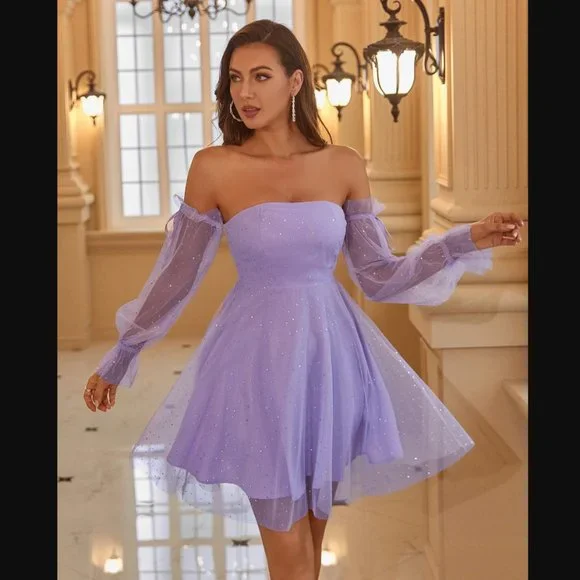 ⭐NEW, CHIC** - Lavender Off-Shoulder Flounce Sleeve Mesh Dress | OFFERS WELCOME! - Picture 4 of 6